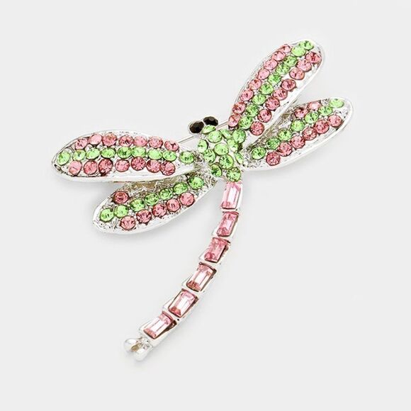Dragonfly Pink & Green Crystal Pave Pin Brooch - Picture 1 of 5